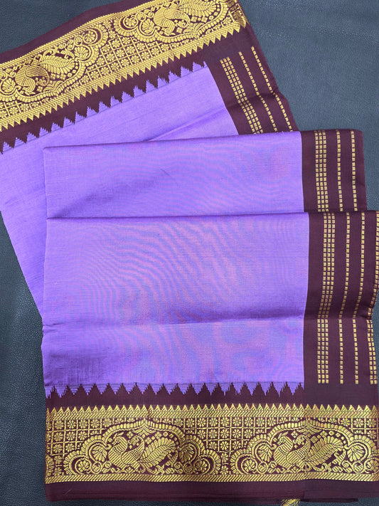 Periwinkle Blue Semi Silk Cotton Saree with Royal Purple Zari Pallu & Peacock Border | Traditional Festive Saree