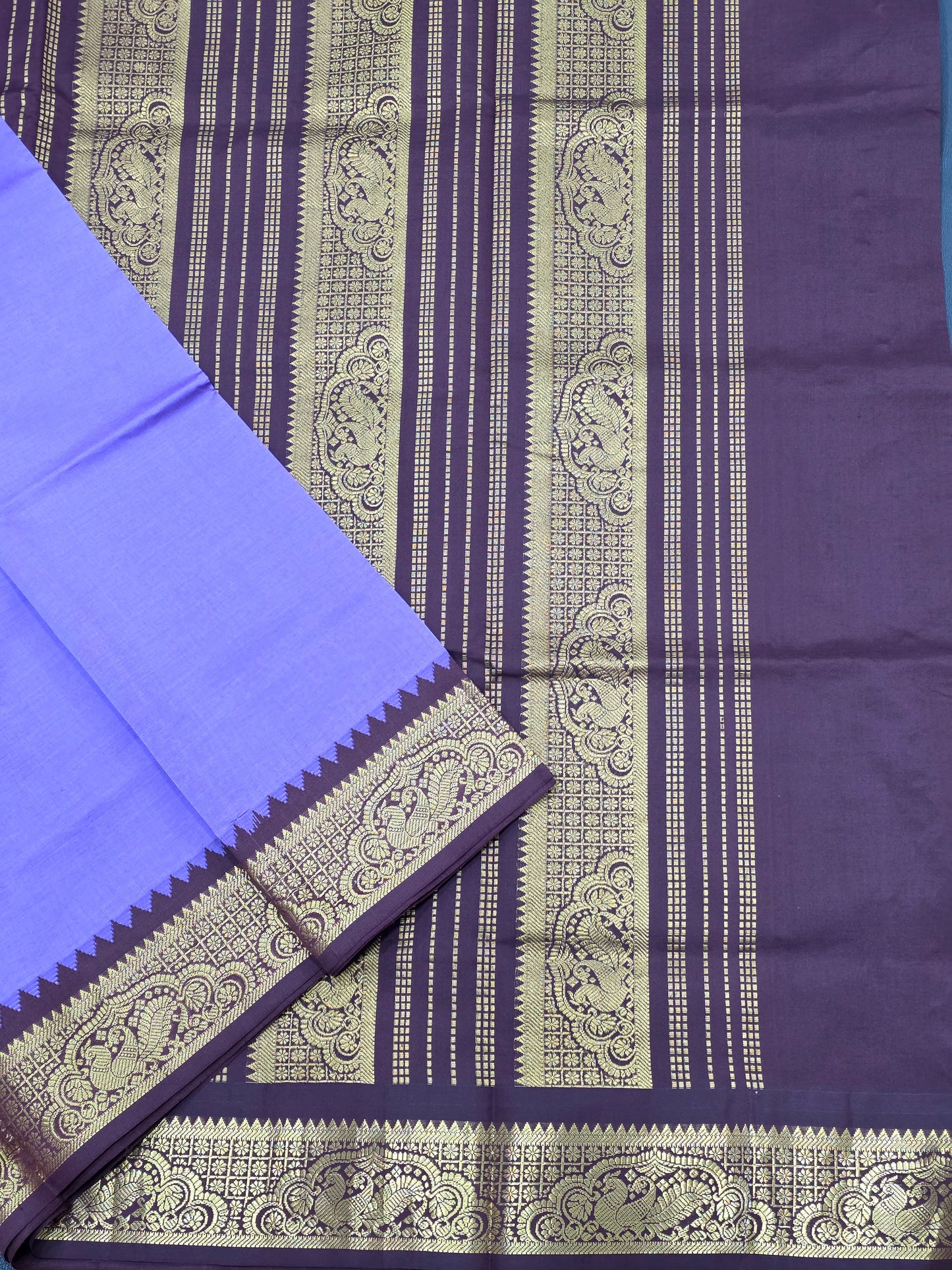 Periwinkle Blue Semi Silk Cotton Saree with Royal Purple Zari Pallu & Peacock Border | Traditional Festive Saree