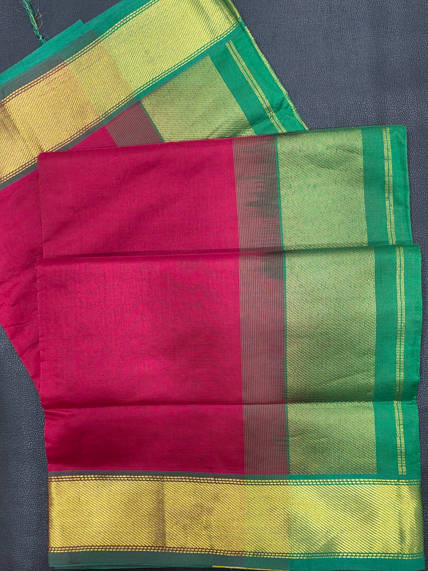 Rani Pink Semi Silk Cotton Saree with Turquoise Green Zari Pallu & Gold Border | Traditional Festive Saree