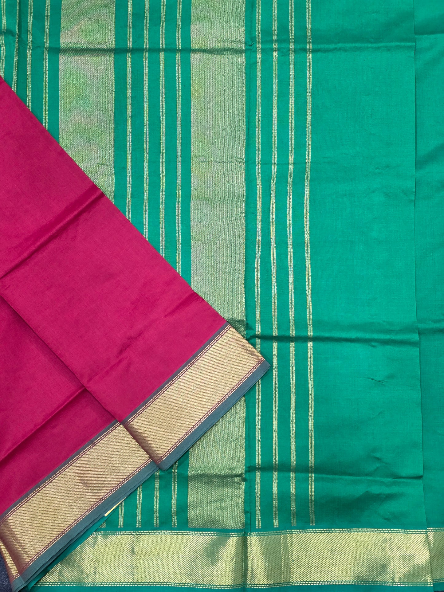 Rani Pink Semi Silk Cotton Saree with Turquoise Green Zari Pallu & Gold Border | Traditional Festive Saree