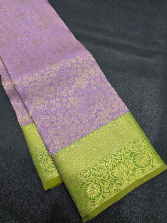 Lavender Purple Pure Mix Silk Saree with Parrot Green Gold Zari Border | Elegant Traditional Festive Saree
