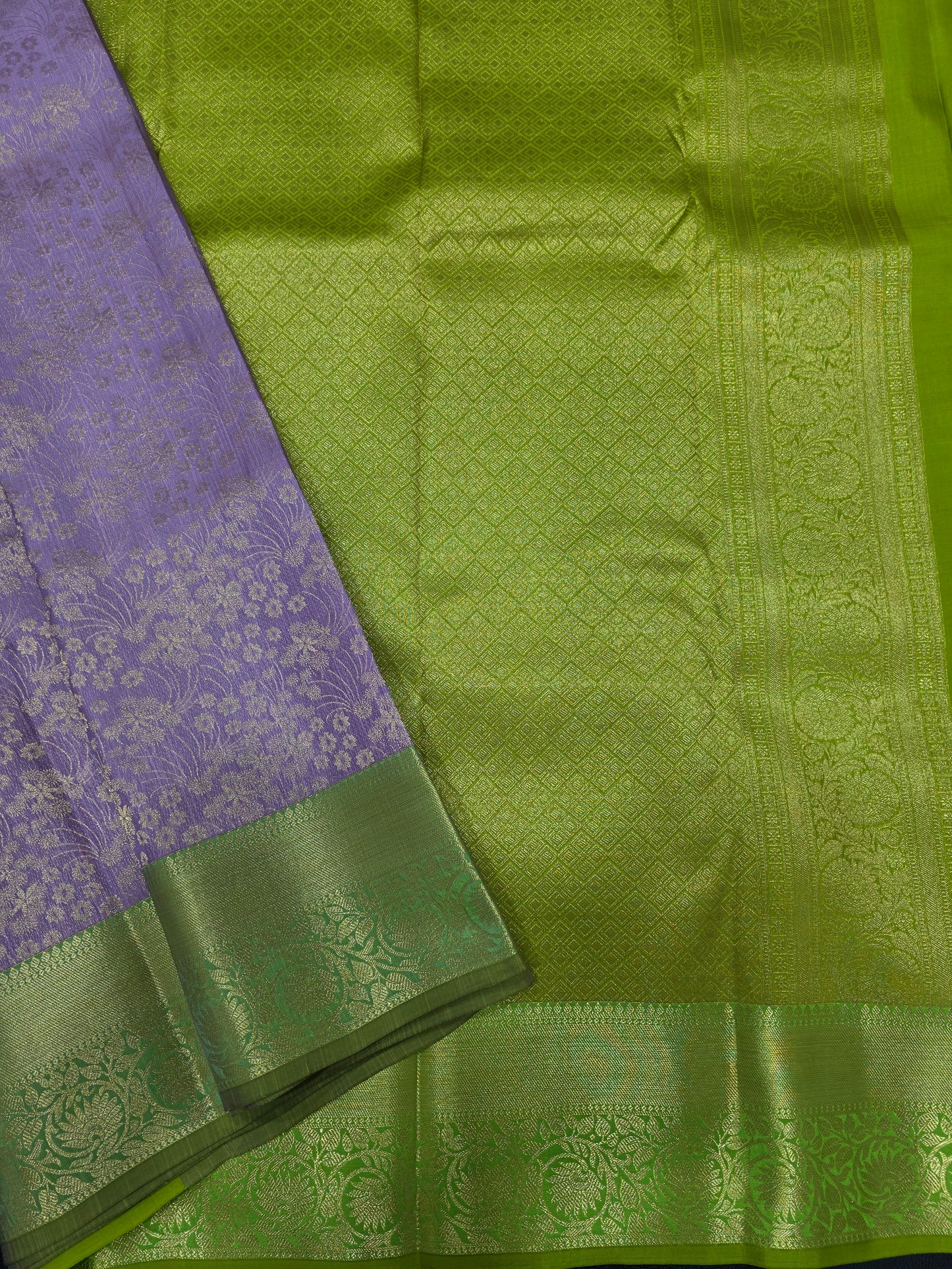 Lavender Purple Pure Mix Silk Saree with Parrot Green Gold Zari Border | Elegant Traditional Festive Saree