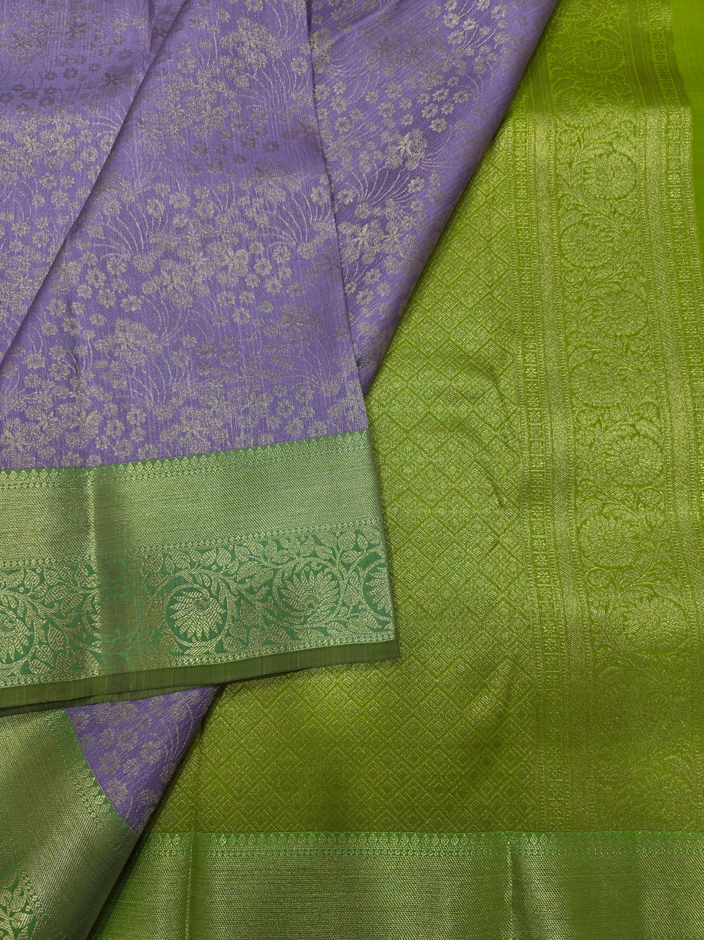 Lavender Purple Pure Mix Silk Saree with Parrot Green Gold Zari Border | Elegant Traditional Festive Saree