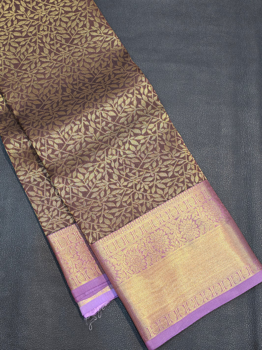 Coffee Brown Pure Mix Silk Saree with Lavender Purple Zari Border | Elegant Traditional Festive Saree