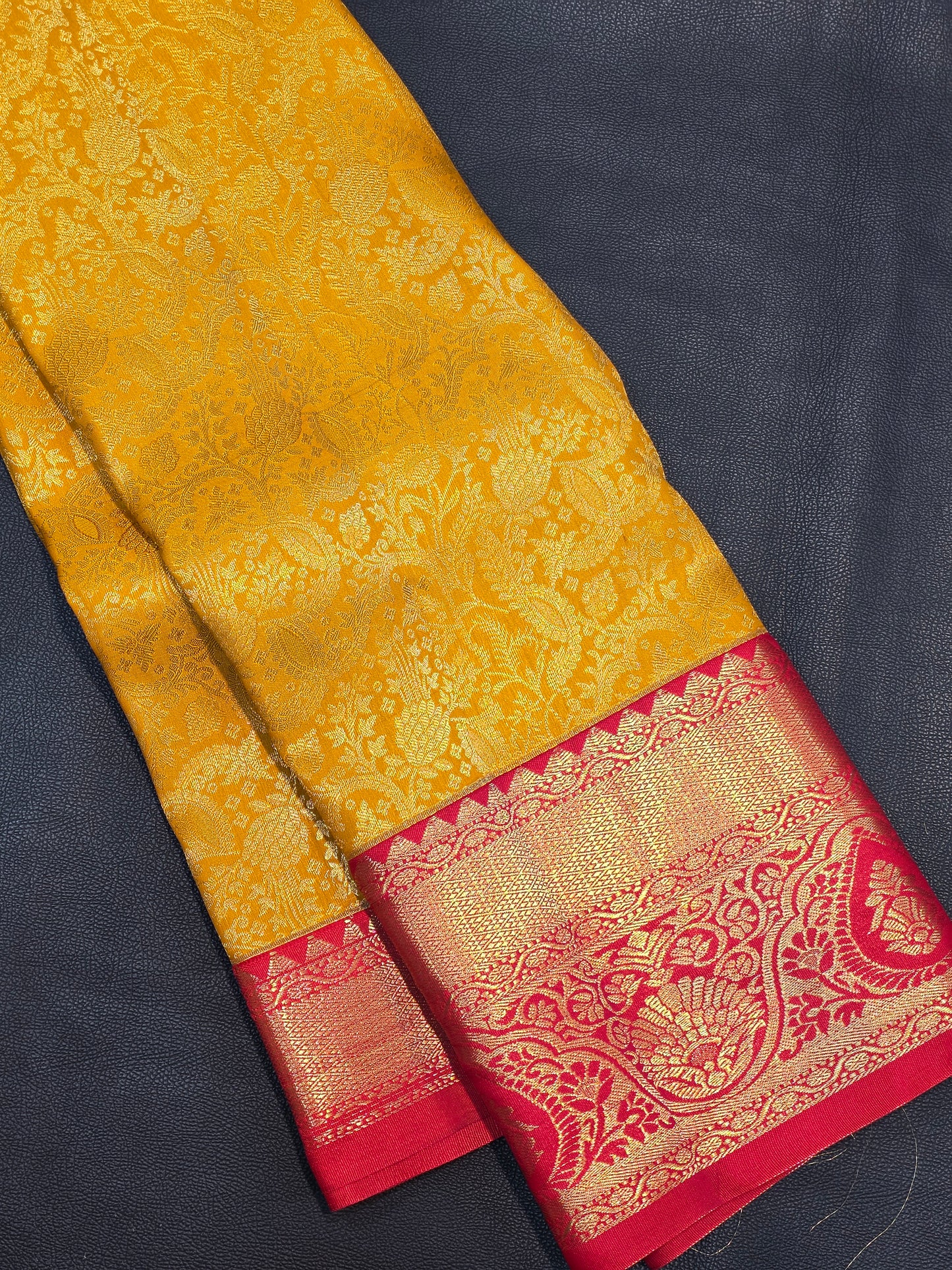 Mustard Gold Pure Mix Silk Saree with Rani Pink Zari Border | Elegant Bridal & Traditional Saree