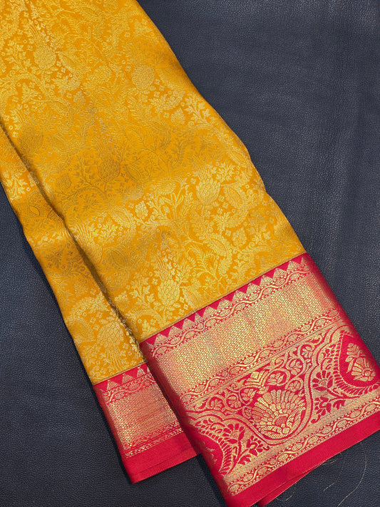 Mustard Gold Pure Mix Silk Saree with Rani Pink Zari Border | Elegant Bridal & Traditional Saree