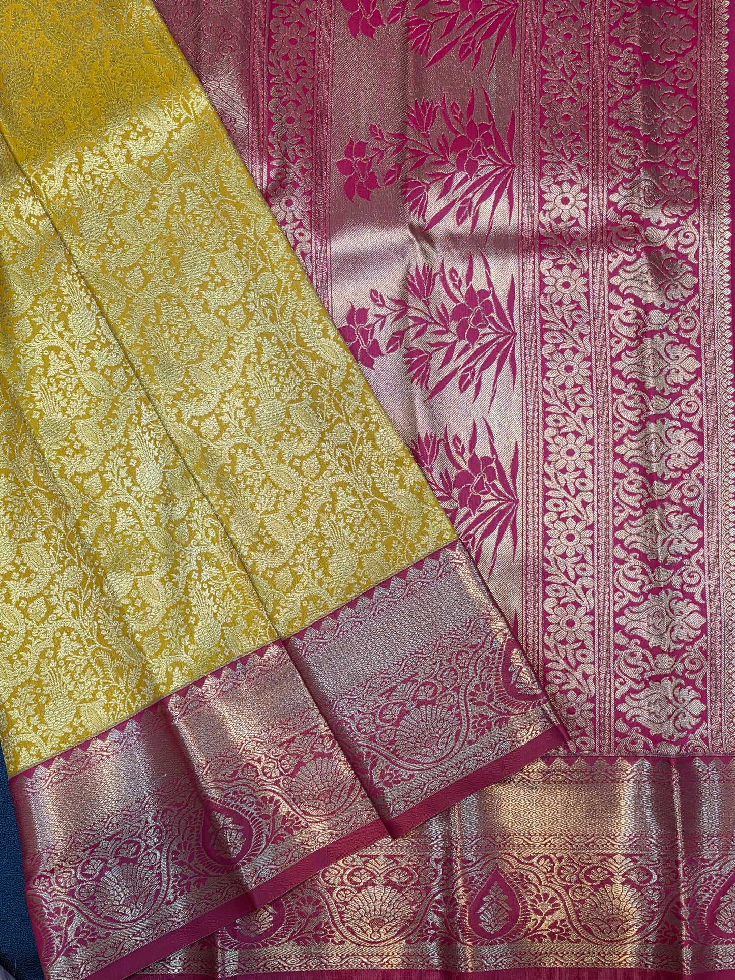 Mustard Gold Pure Mix Silk Saree with Rani Pink Zari Border | Elegant Bridal & Traditional Saree