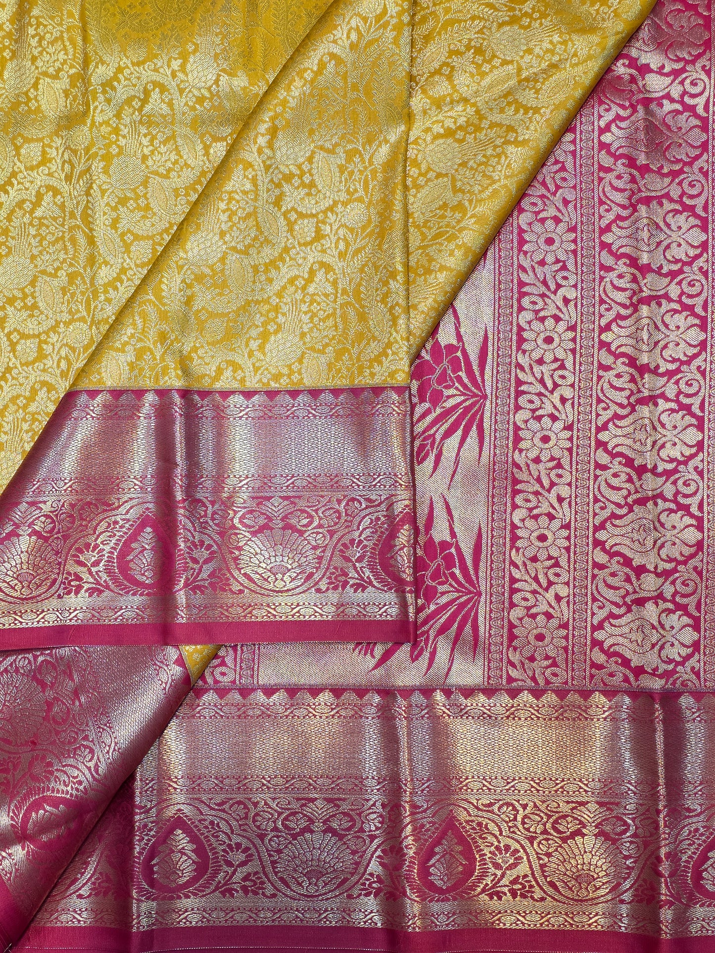 Mustard Gold Pure Mix Silk Saree with Rani Pink Zari Border | Elegant Bridal & Traditional Saree