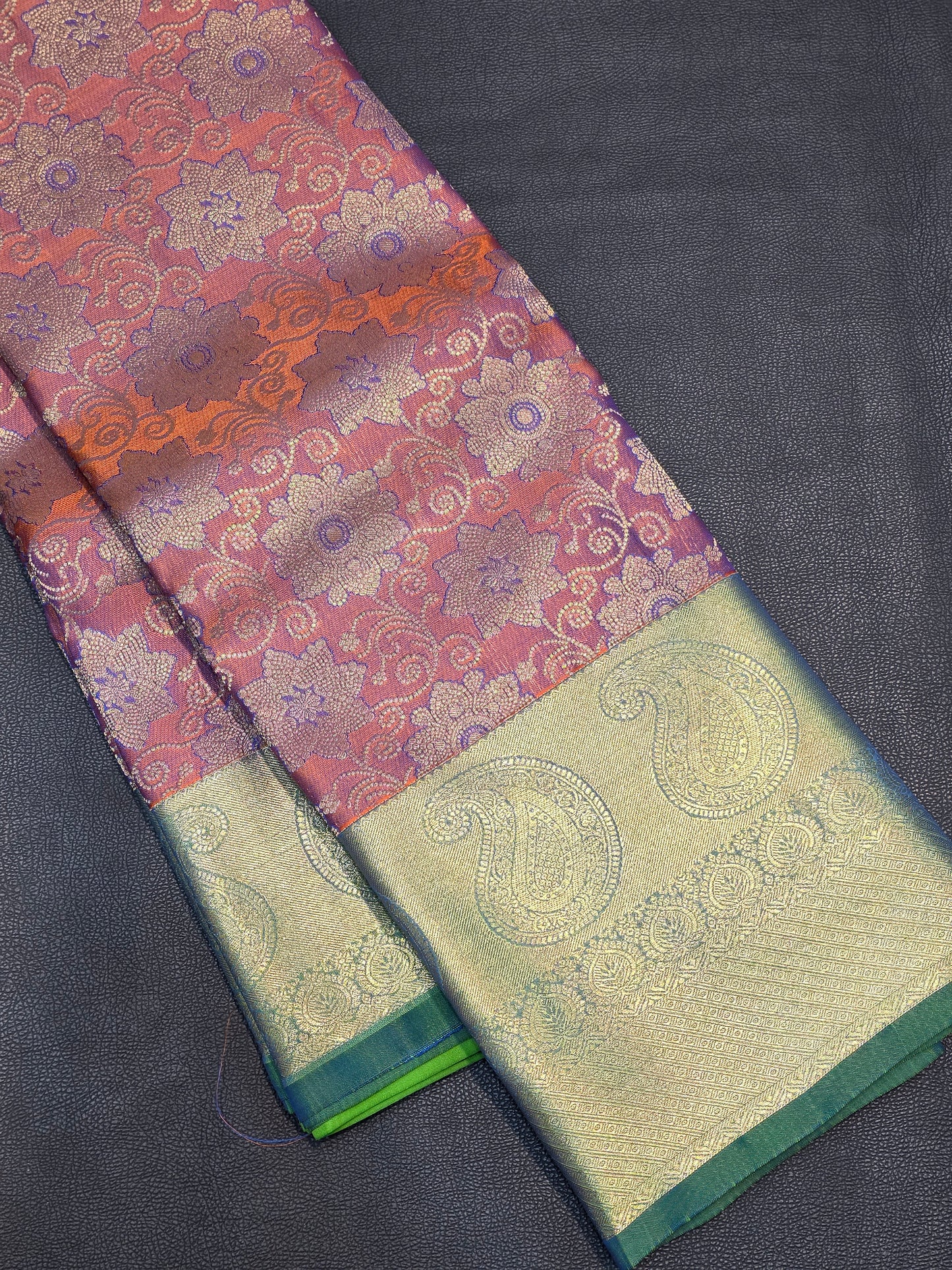 Dusty Rose Mauve Pure Mix Silk Saree with Sage Green Gold Zari Border | Bridal & Traditional Saree