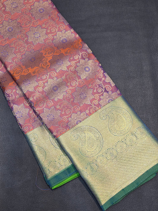 Dusty Rose Mauve Pure Mix Silk Saree with Sage Green Gold Zari Border | Bridal & Traditional Saree