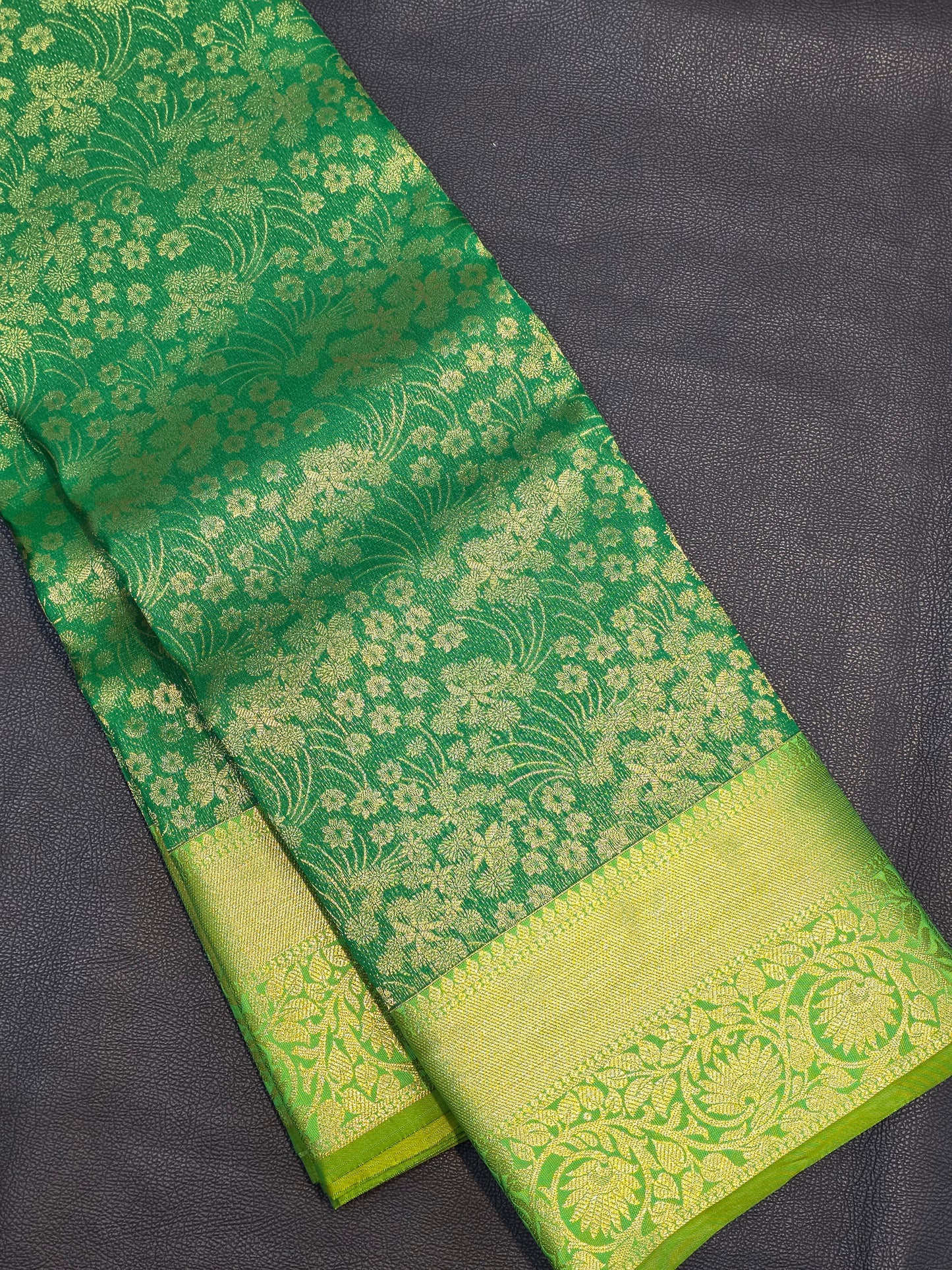 Emerald Green Pure Mix Silk Saree with Gold Floral Zari Border | Bridal & Traditional Saree