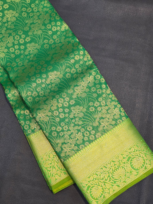 Emerald Green Pure Mix Silk Saree with Gold Floral Zari Border | Bridal & Traditional Saree