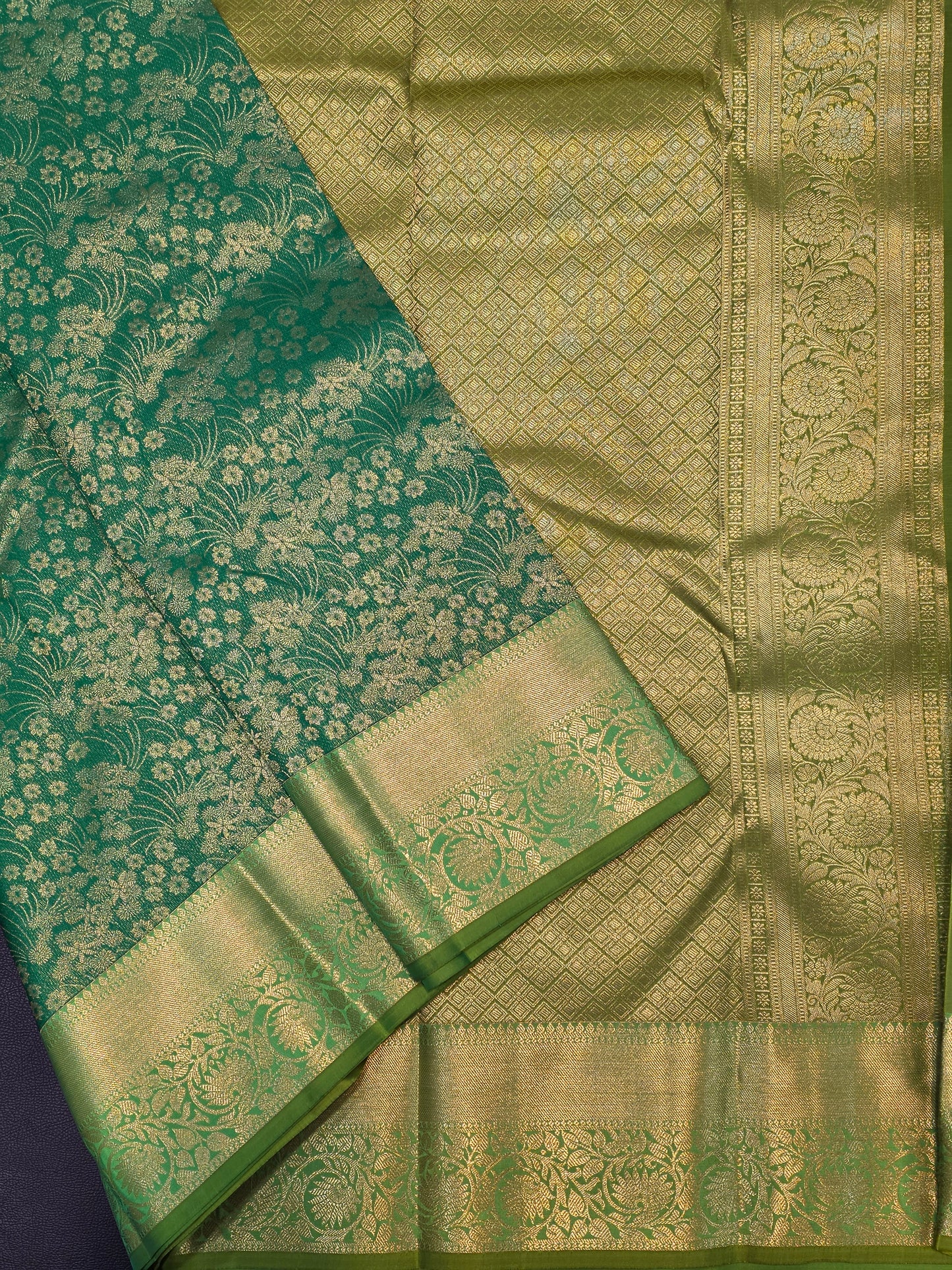 Emerald Green Pure Mix Silk Saree with Gold Floral Zari Border | Bridal & Traditional Saree