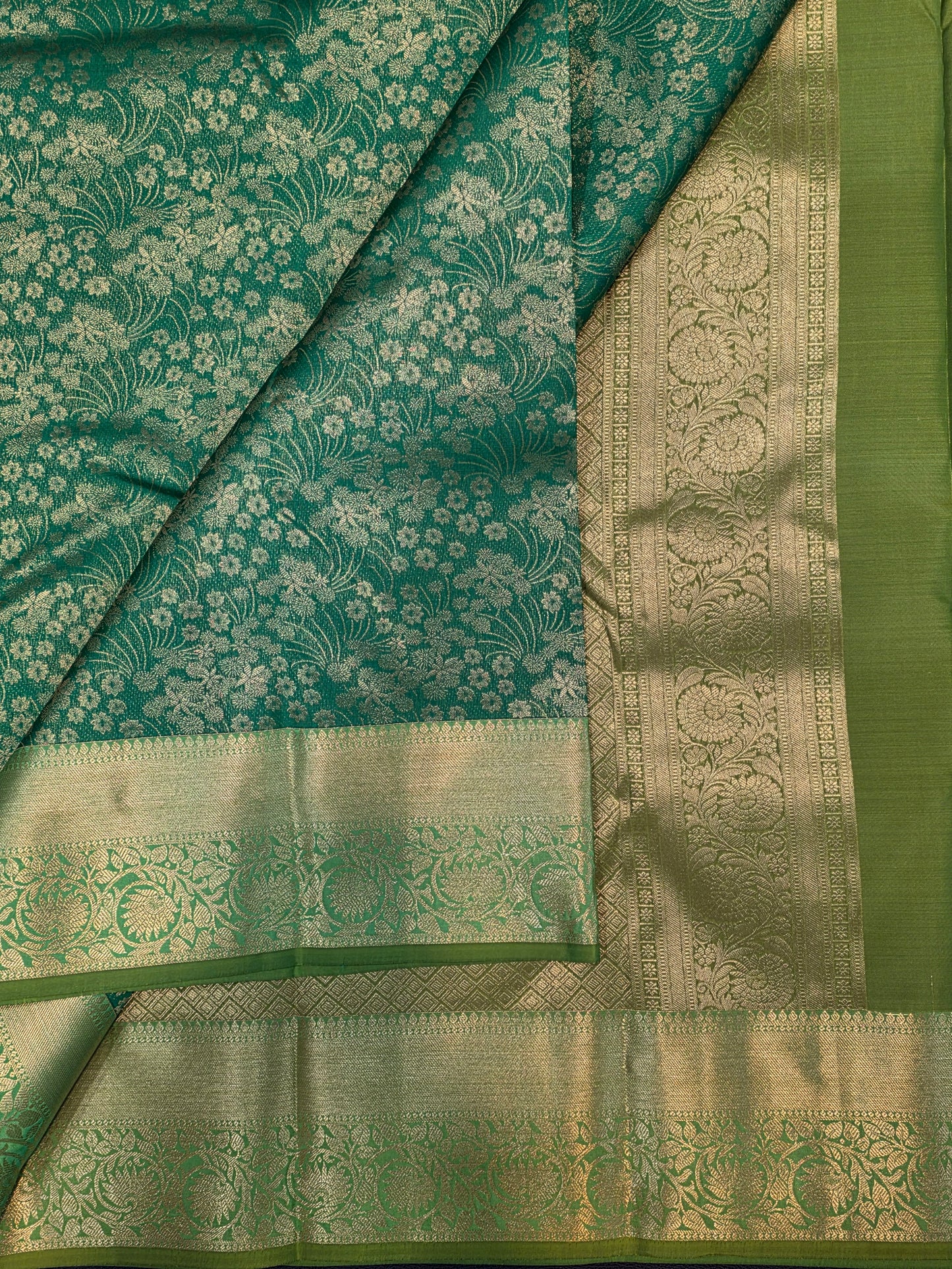 Emerald Green Pure Mix Silk Saree with Gold Floral Zari Border | Bridal & Traditional Saree