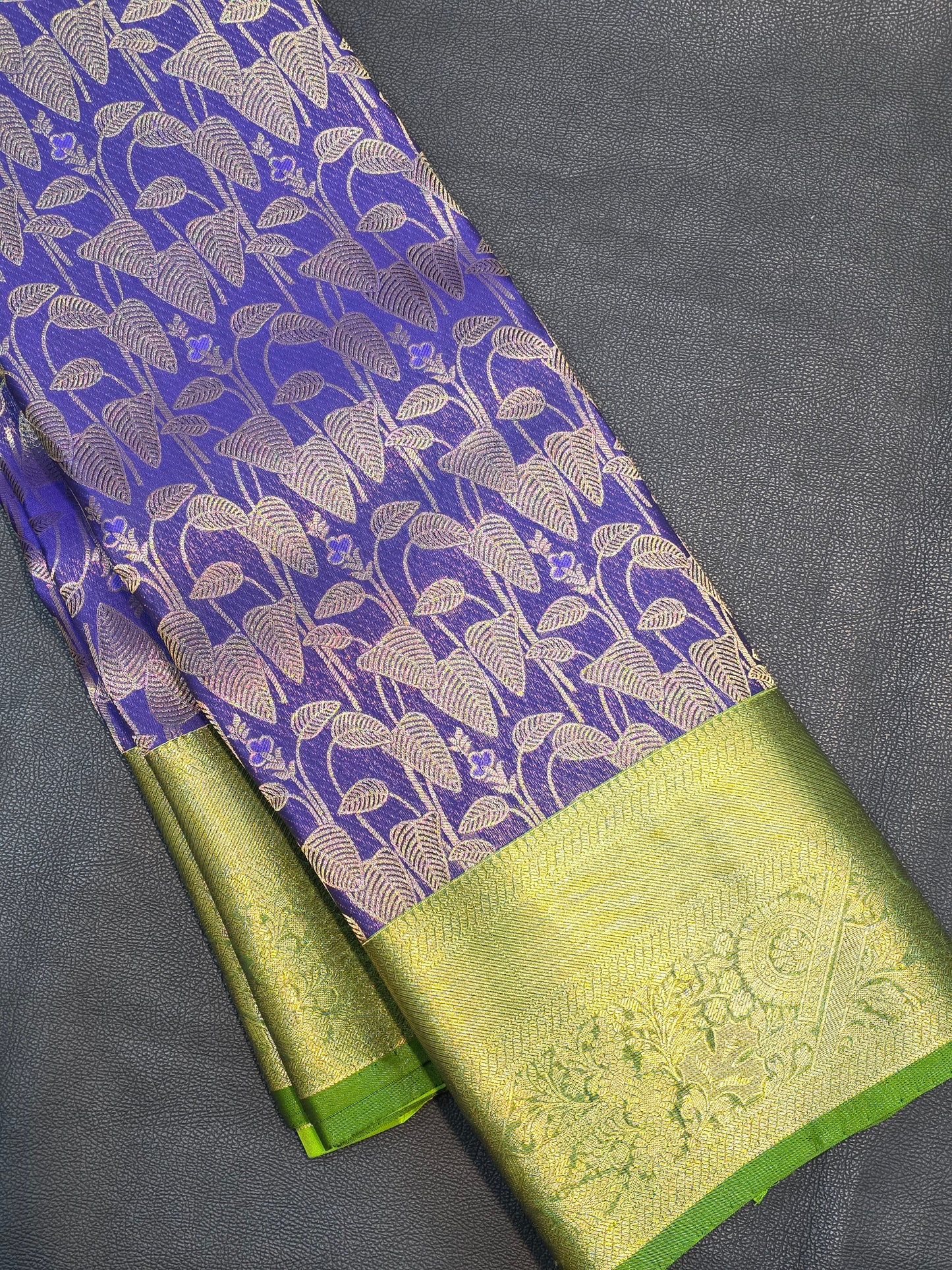 Royal Purple Pure Mix Silk Saree with Parrot Green Gold Zari Border | Bridal & Traditional Saree