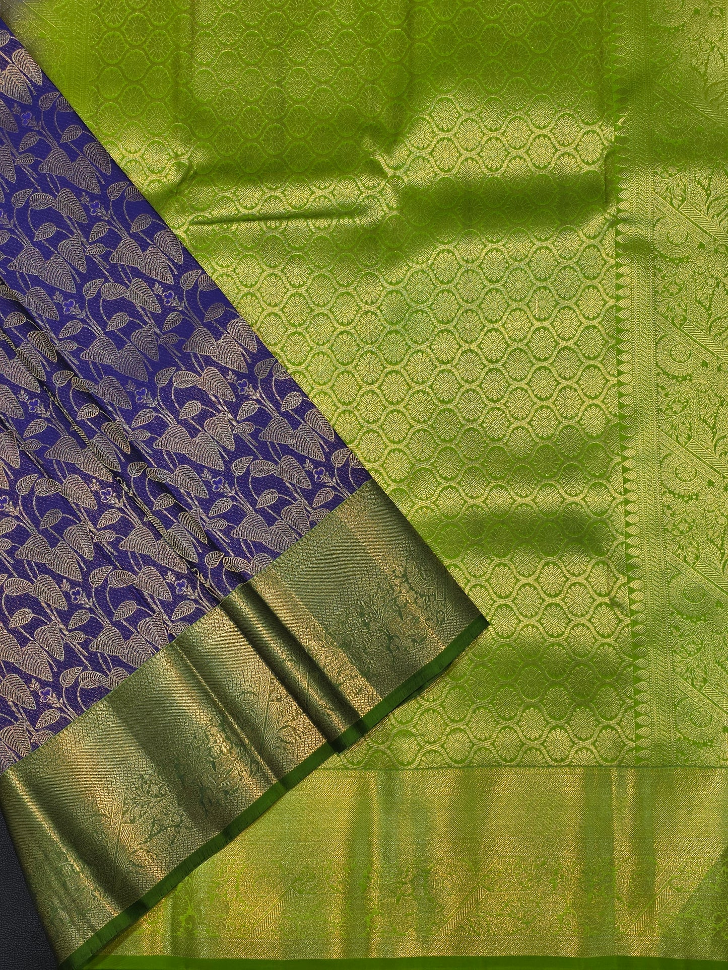Royal Purple Pure Mix Silk Saree with Parrot Green Gold Zari Border | Bridal & Traditional Saree