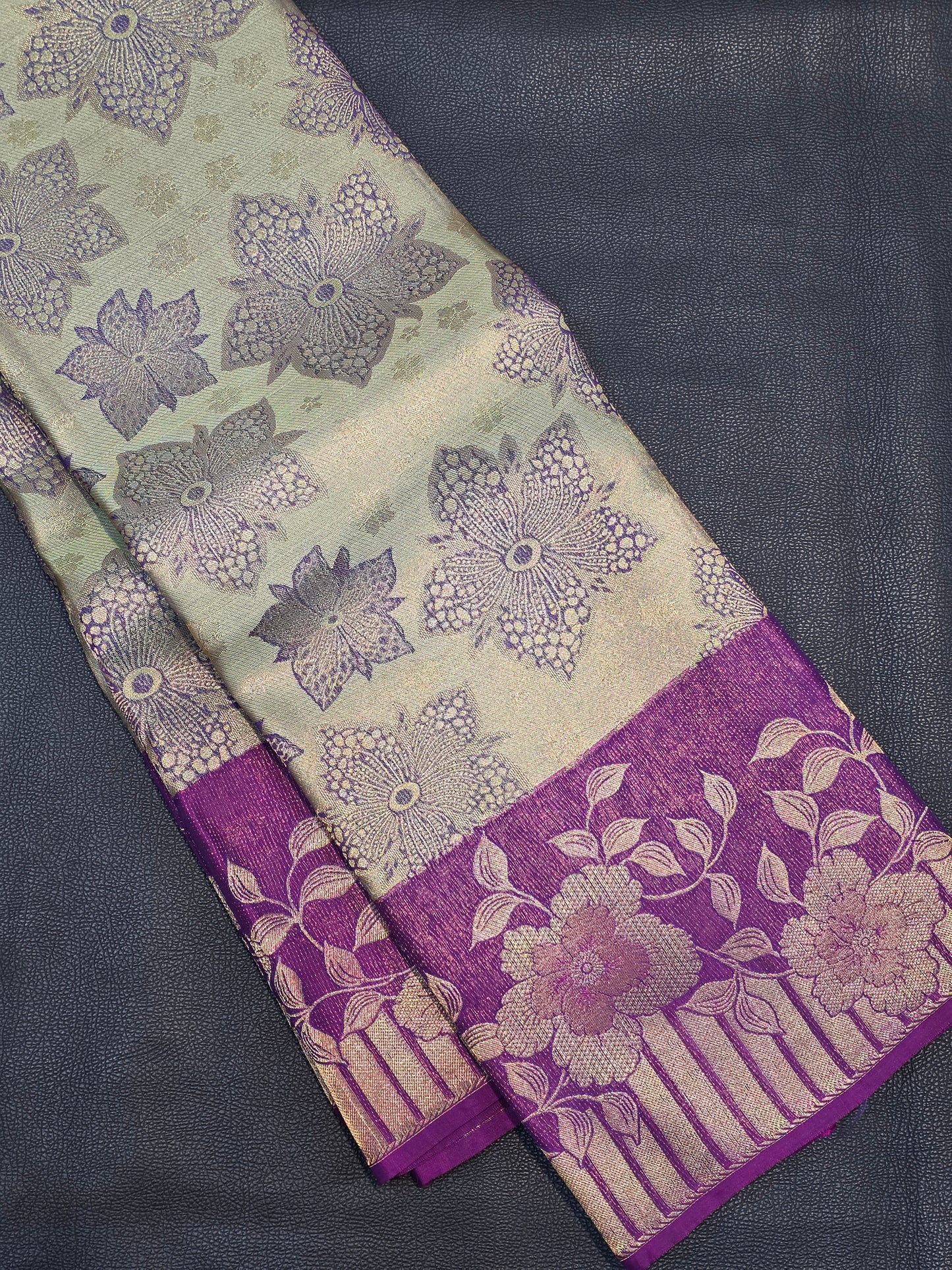 Silver Grey Pure Mix Silk Saree with Royal Purple Floral Zari Border | Bridal & Traditional Saree