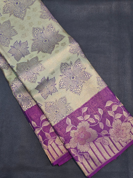 Silver Grey Pure Mix Silk Saree with Royal Purple Floral Zari Border | Bridal & Traditional Saree