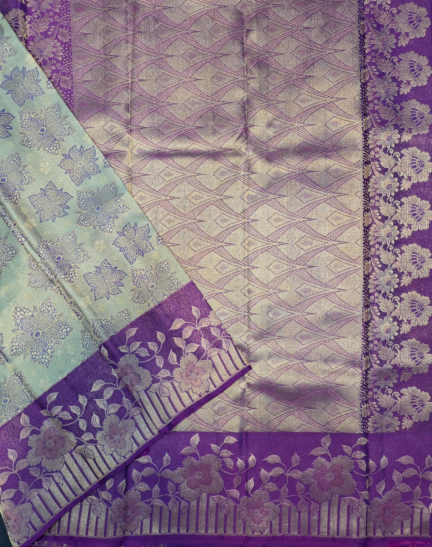 Silver Grey Pure Mix Silk Saree with Royal Purple Floral Zari Border | Bridal & Traditional Saree