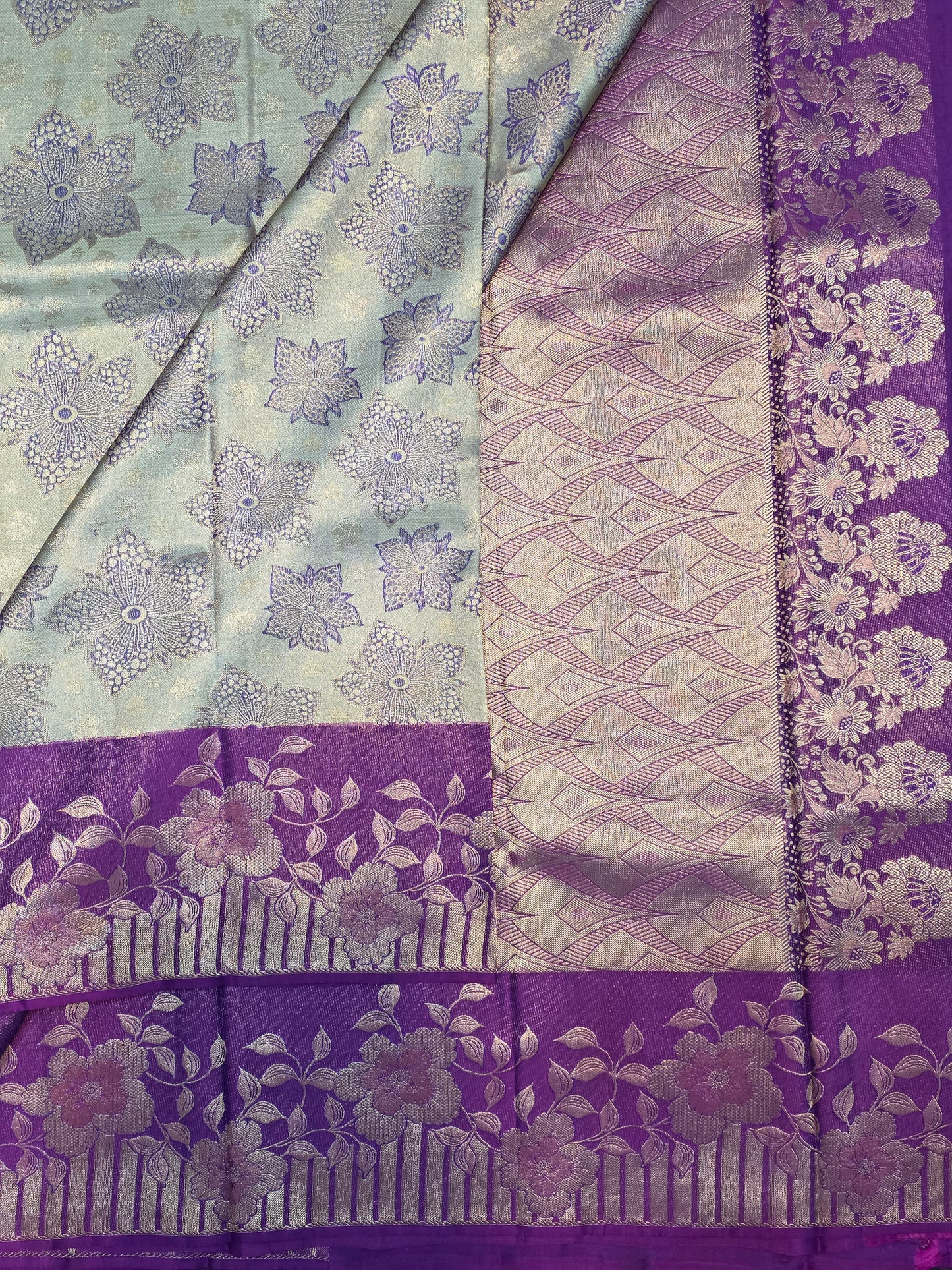 Silver Grey Pure Mix Silk Saree with Royal Purple Floral Zari Border | Bridal & Traditional Saree