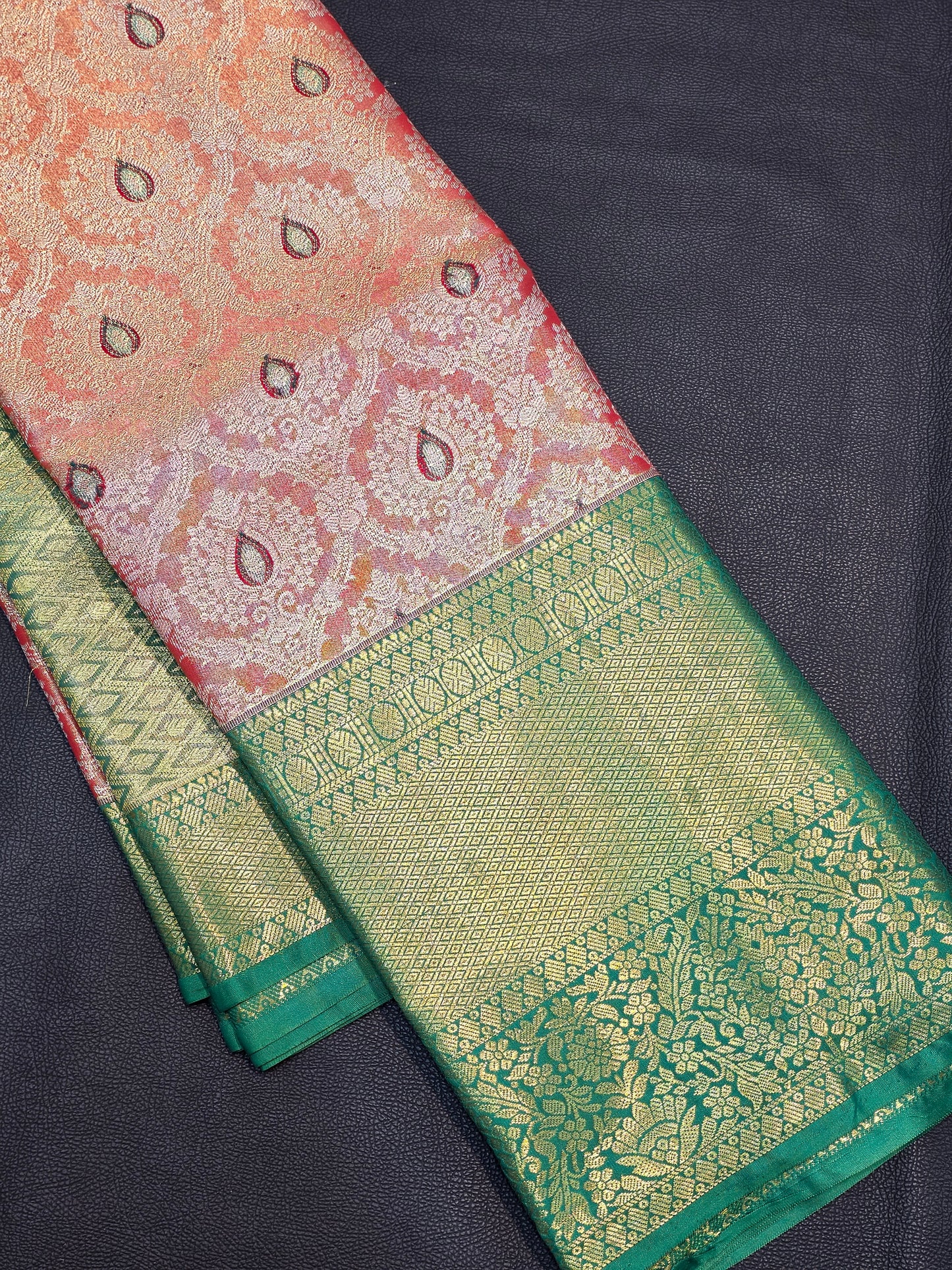 Peach Blush Pure Mix Silk Saree with Emerald Teal Green Zari Border | Bridal & Traditional Saree