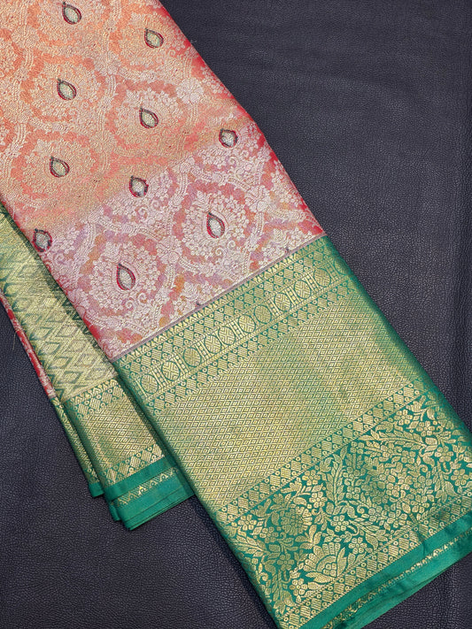 Peach Blush Pure Mix Silk Saree with Emerald Teal Green Zari Border | Bridal & Traditional Saree