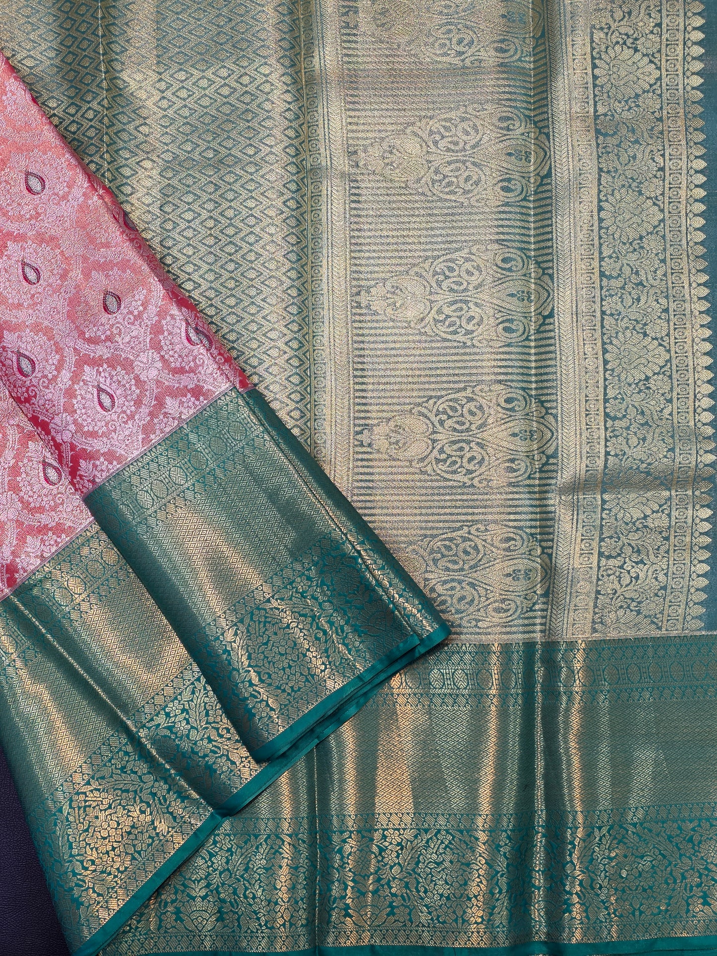 Peach Blush Pure Mix Silk Saree with Emerald Teal Green Zari Border | Bridal & Traditional Saree