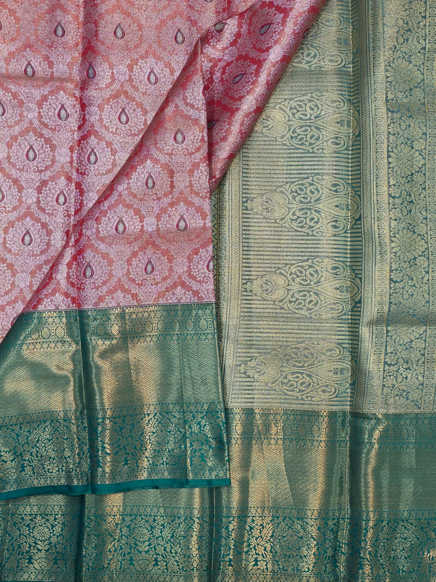 Peach Blush Pure Mix Silk Saree with Emerald Teal Green Zari Border | Bridal & Traditional Saree