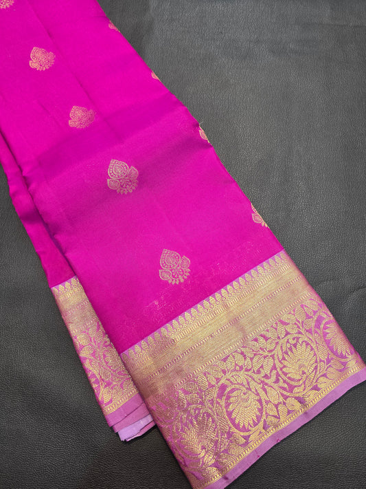 Rani Pink Pure Mix Silk Saree with Lavender Gold Zari Border | Bridal & Traditional Saree
