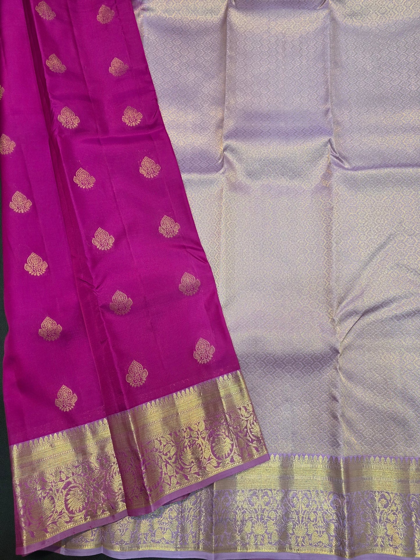 Rani Pink Pure Mix Silk Saree with Lavender Gold Zari Border | Bridal & Traditional Saree