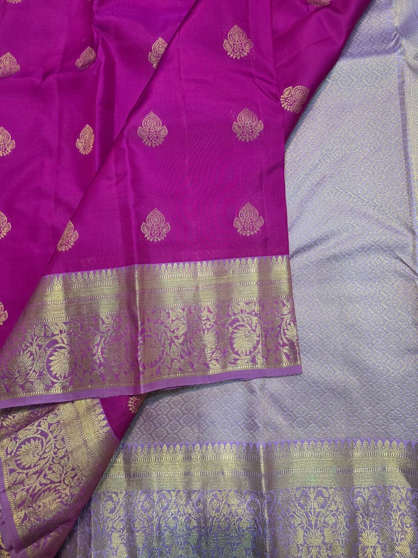 Rani Pink Pure Mix Silk Saree with Lavender Gold Zari Border | Bridal & Traditional Saree