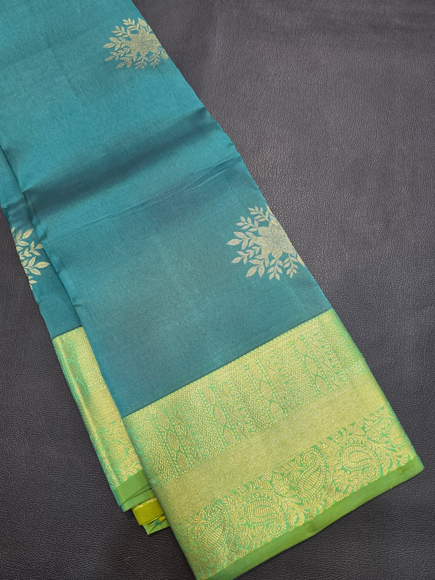 Teal Blue Pure Mix Silk Saree with Parrot Green Zari Border | Traditional Bridal Kanchipuram Style Saree