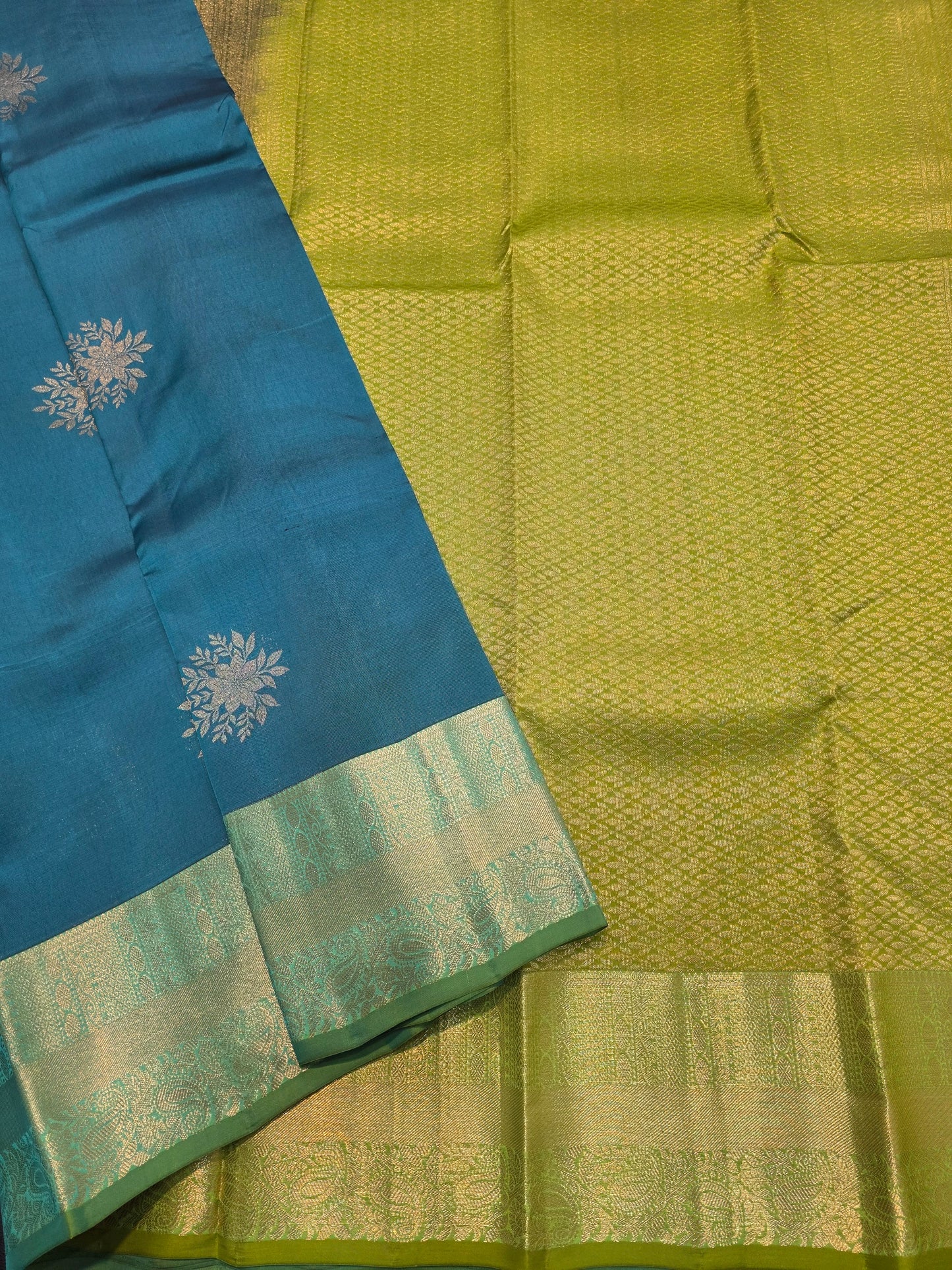 Teal Blue Pure Mix Silk Saree with Parrot Green Zari Border | Traditional Bridal Kanchipuram Style Saree