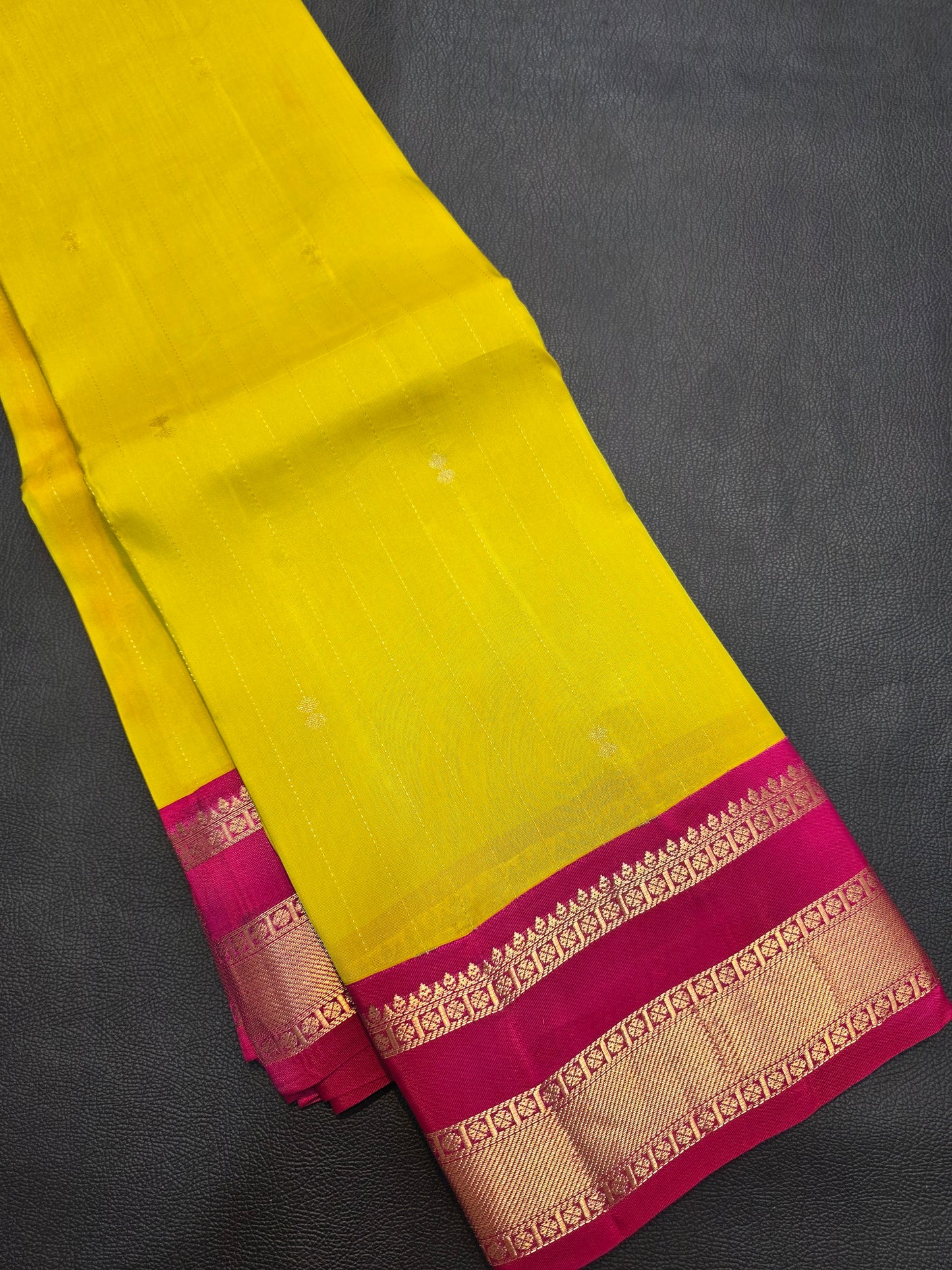 Sunshine Yellow Pure Mix Silk Saree with Rani Pink Zari Border | Kanchipuram Style Traditional Bridal Saree