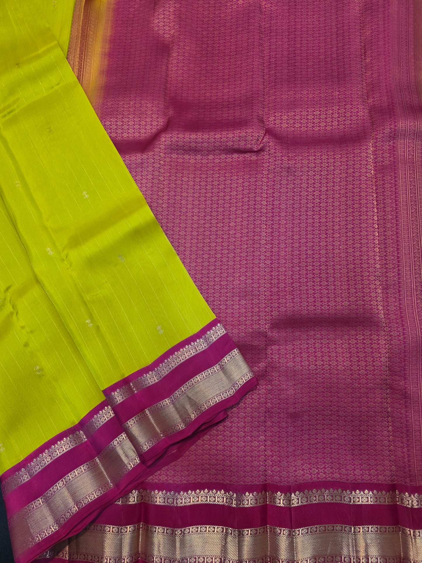 Sunshine Yellow Pure Mix Silk Saree with Rani Pink Zari Border | Kanchipuram Style Traditional Bridal Saree