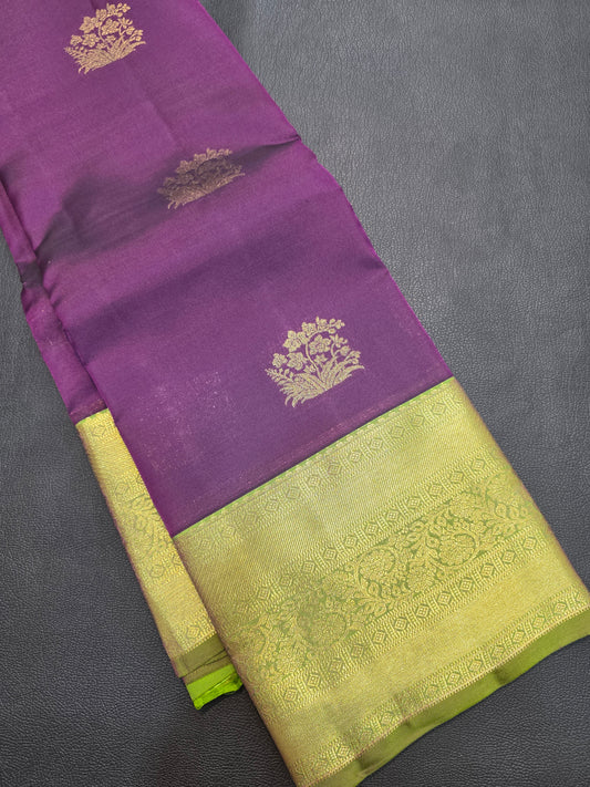 Royal Purple Pure Mix Silk Saree with Parrot Green Zari Border | Kanchipuram Style Traditional Saree
