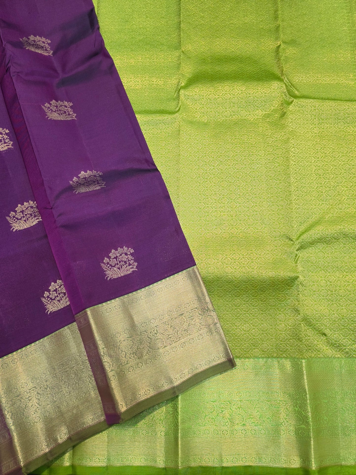 Royal Purple Pure Mix Silk Saree with Parrot Green Zari Border | Kanchipuram Style Traditional Saree
