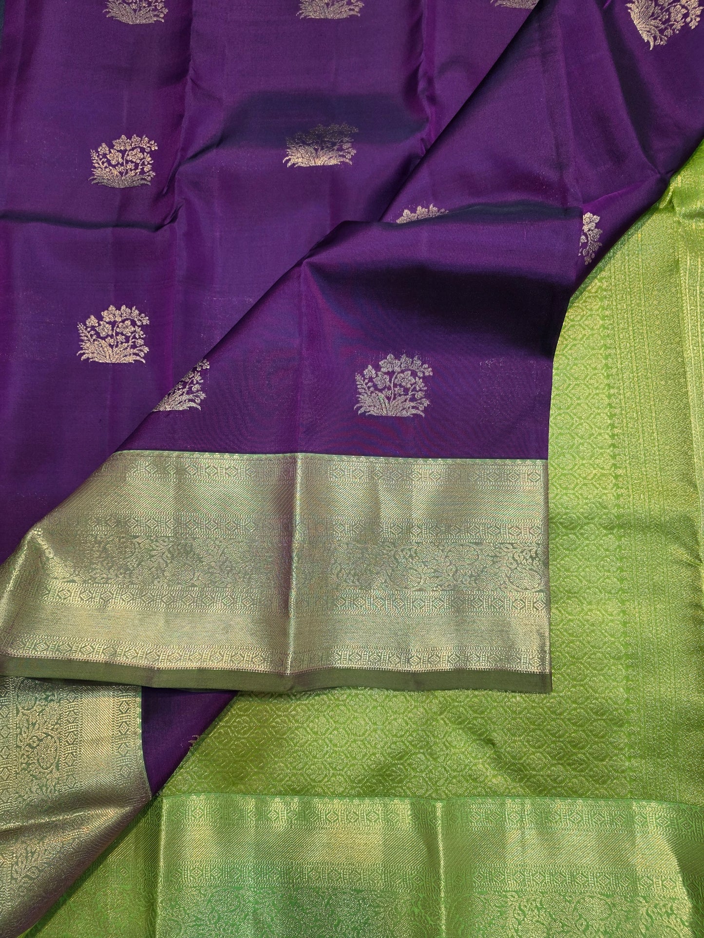 Royal Purple Pure Mix Silk Saree with Parrot Green Zari Border | Kanchipuram Style Traditional Saree