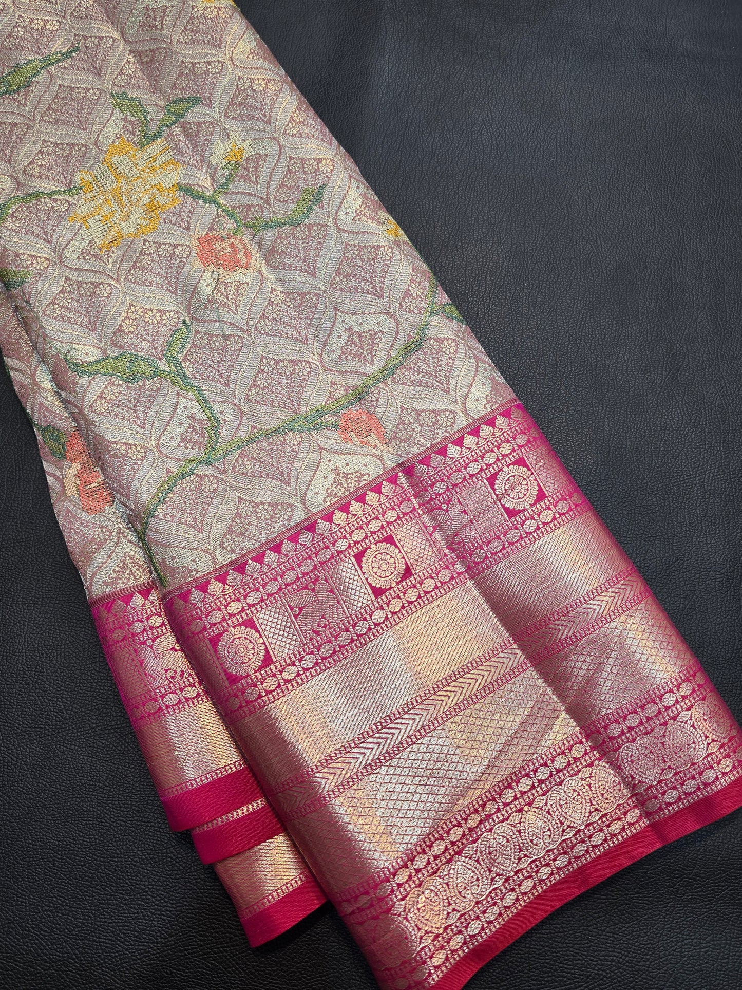 Silver Grey Pure Mix Silk Saree with Rani Pink Zari Border | Kanchipuram Style Bridal Traditional Saree