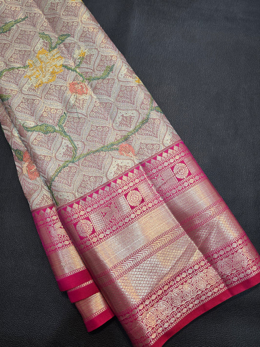 Silver Grey Pure Mix Silk Saree with Rani Pink Zari Border | Kanchipuram Style Bridal Traditional Saree