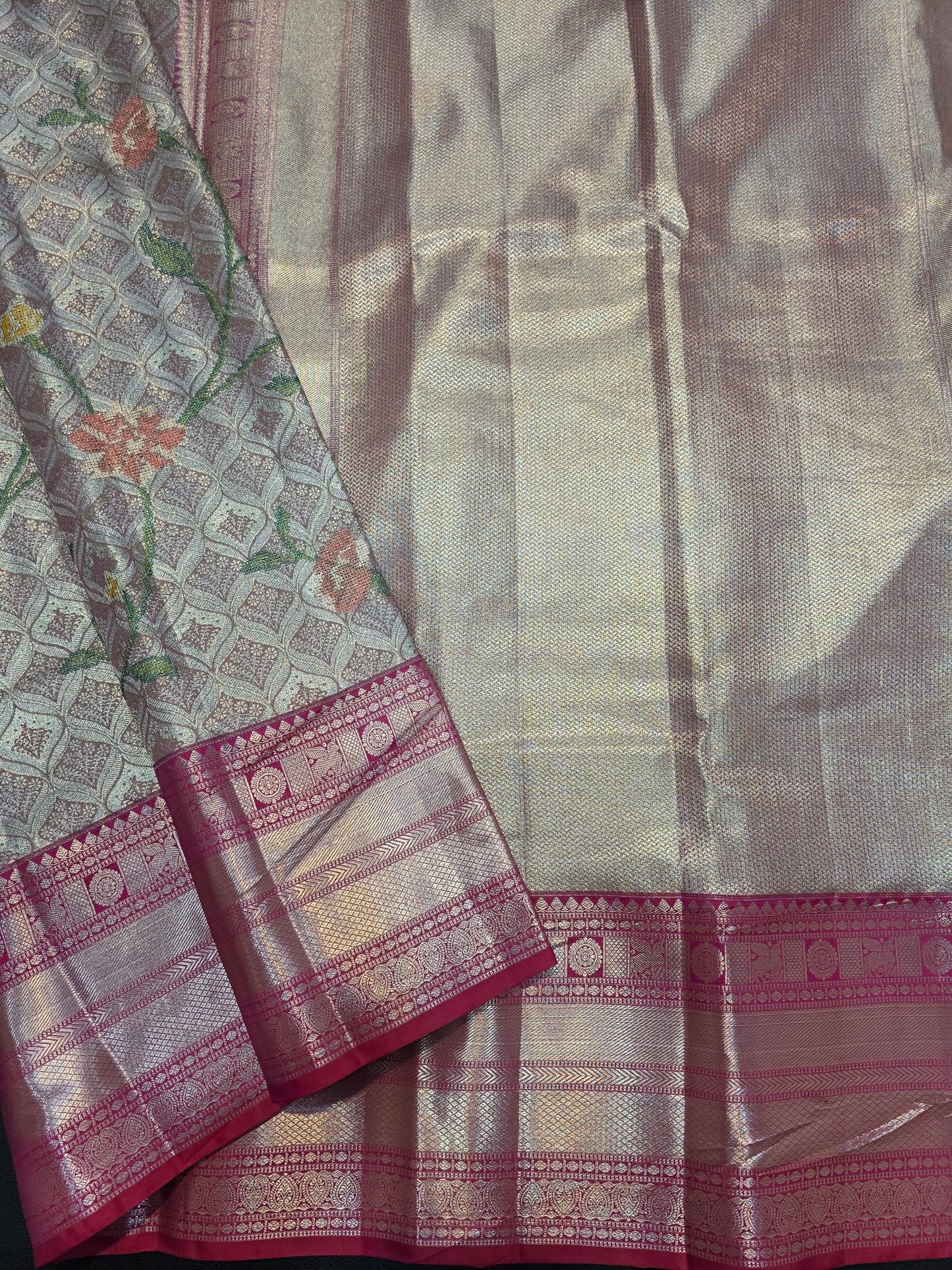 Silver Grey Pure Mix Silk Saree with Rani Pink Zari Border | Kanchipuram Style Bridal Traditional Saree