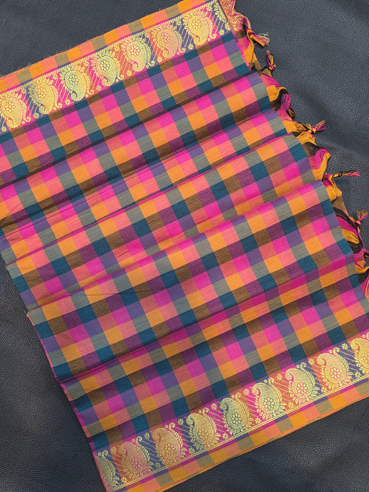Multicolor Checks Poly Cotton Saree with Gold Zari Paisley Border | Traditional Festive Saree
