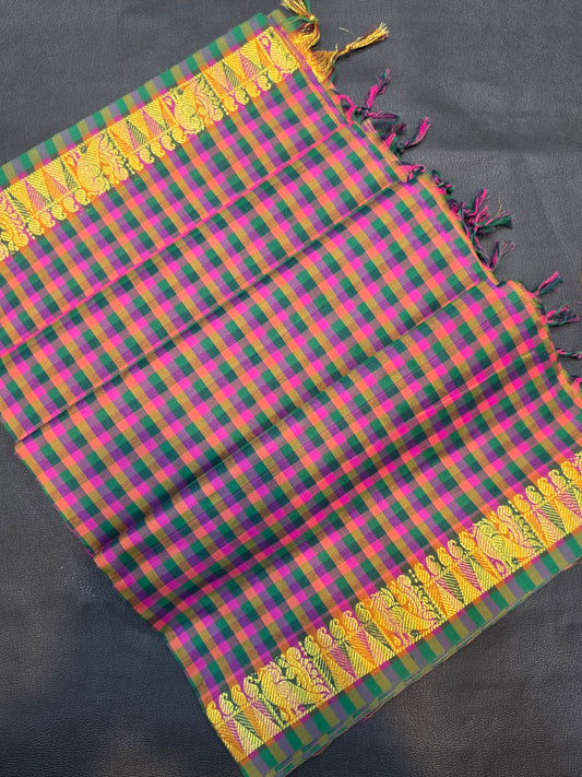 Multicolor Checks Poly Cotton Saree with Gold Zari Paisley Border | Traditional Festive Saree