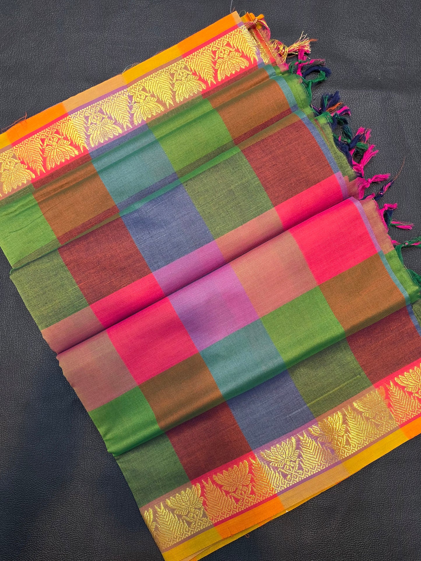 Multicolor Checks Poly Cotton Saree with Gold Zari Border | Traditional Festive Wear Saree