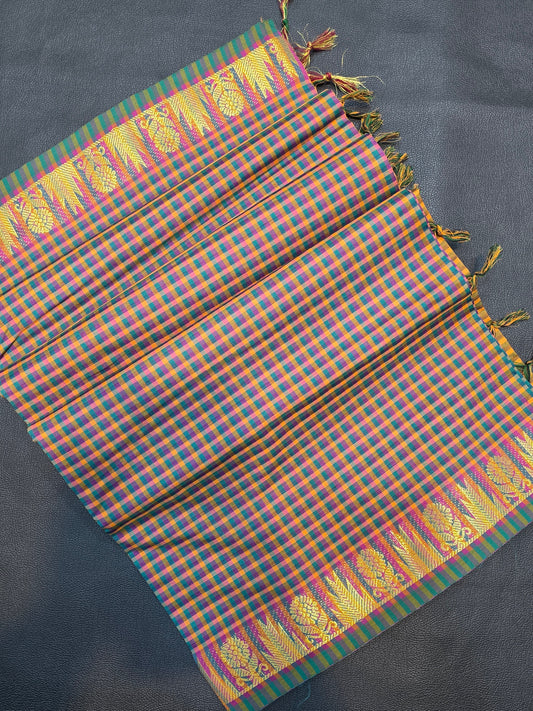 Micro Checks Poly Cotton Saree with Gold Zari Border | Traditional Festive Wear Saree