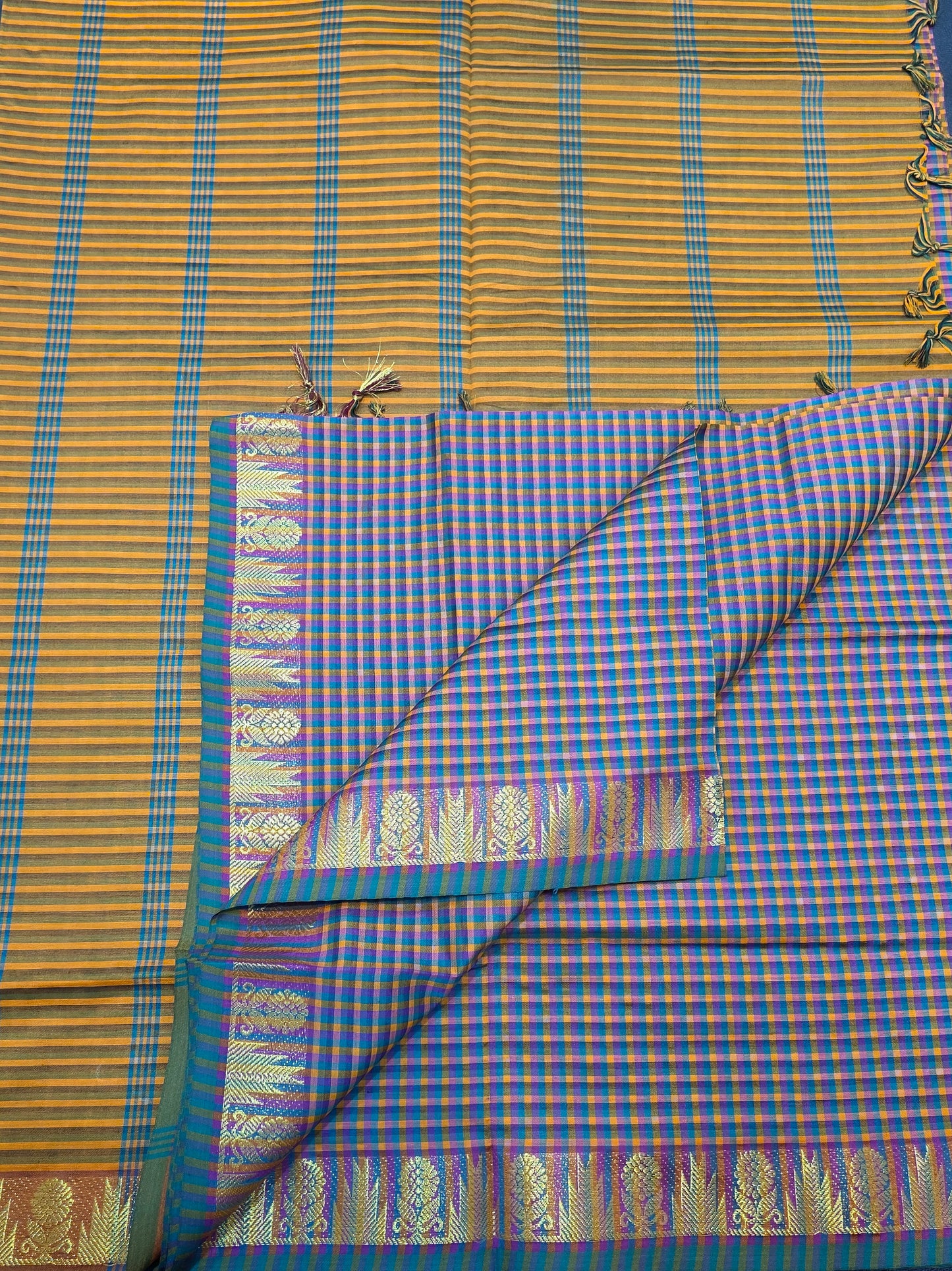 Micro Checks Poly Cotton Saree with Gold Zari Border | Traditional Festive Wear Saree