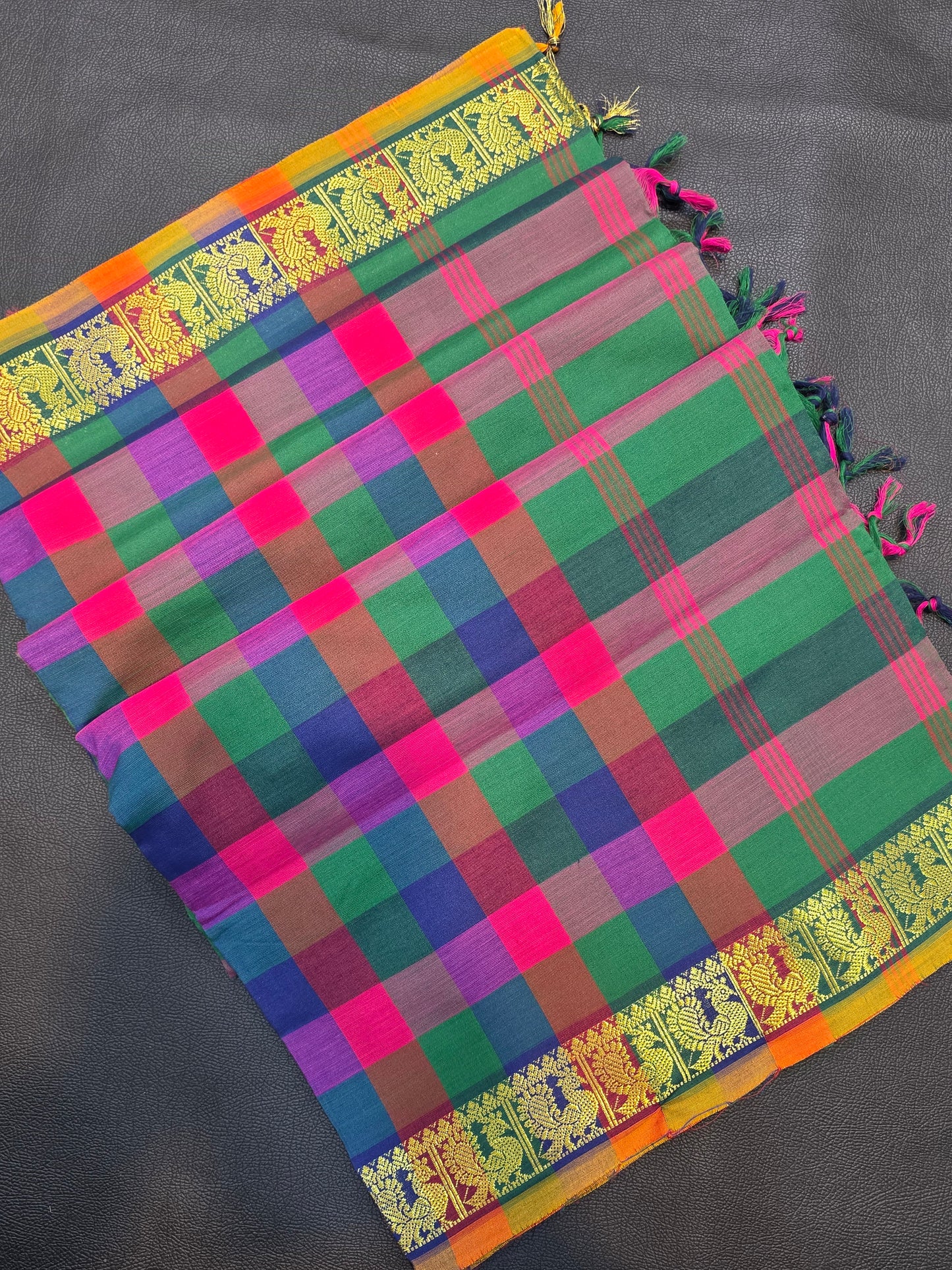 Multicolor Checks Poly Cotton Saree with Peacock Zari Border | Traditional Festive Wear Saree