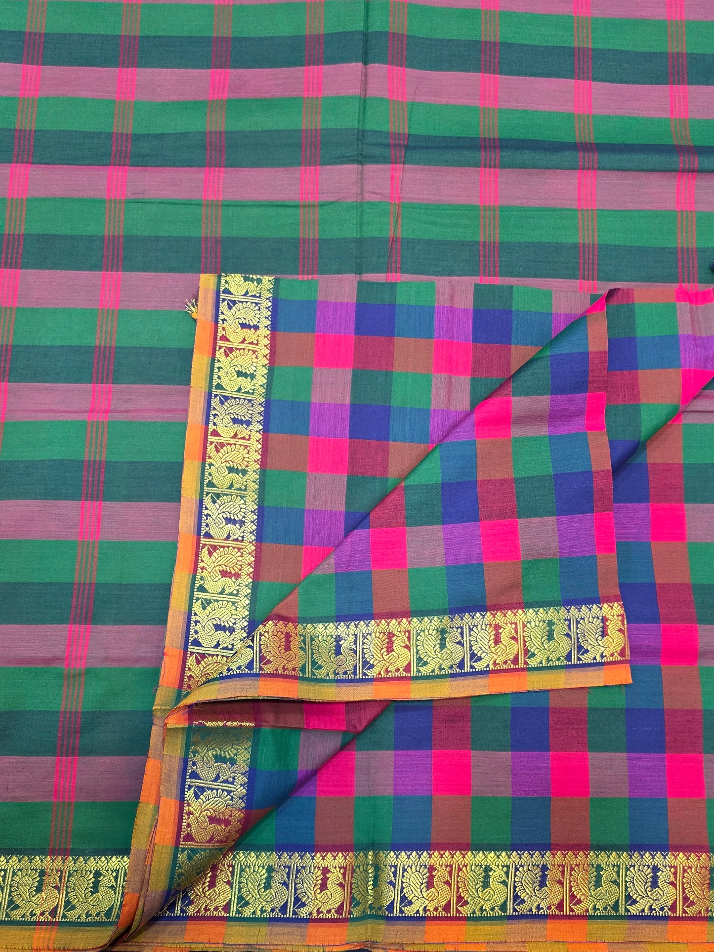 Multicolor Checks Poly Cotton Saree with Peacock Zari Border | Traditional Festive Wear Saree