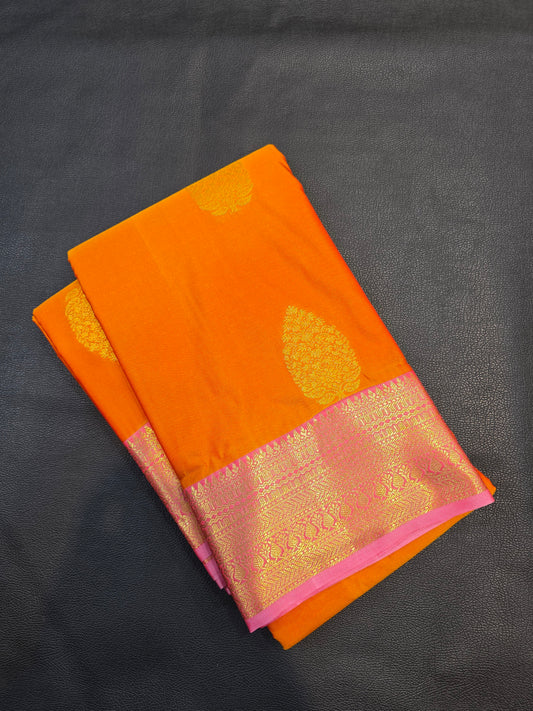Mustard Orange Semi Silk Saree with Pink Zari Pallu | Traditional Festive Wear Saree