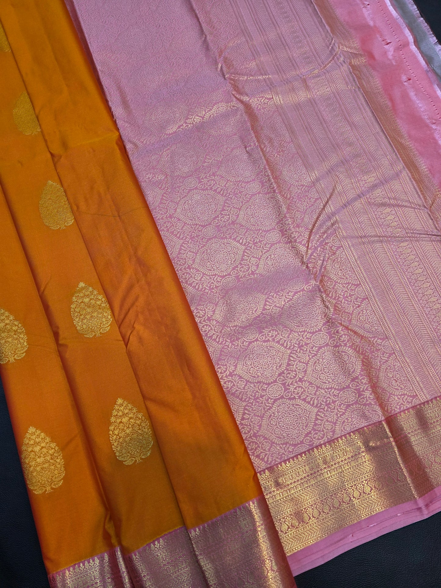 Mustard Orange Semi Silk Saree with Pink Zari Pallu | Traditional Festive Wear Saree